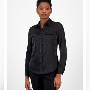 ANNE KLEIN Long Sleeve flap-pockets Fitted Button black Down Shirt/size M